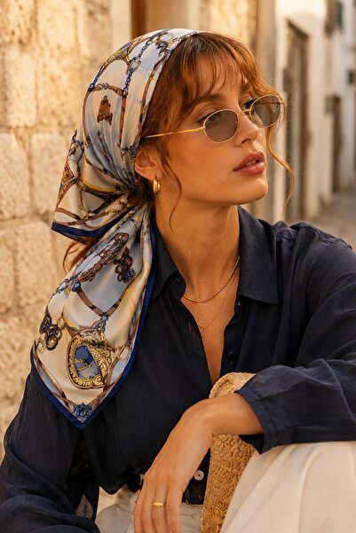 AFVENTE Binici Desen Lacivert-Krem Soft Bandana Fular 50x50 cm