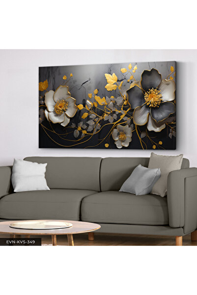 Evinemoda Altın ve Siyah Çiçek Desenli Modern Tek Parça Kanvas - Canvas Tablo