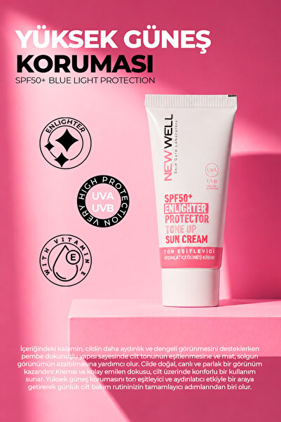 New Well Ton Eşitleyici yüksek Koruma Etkili Spf50+ Aydınlatıcı Pembe Yüz Güneş Kremi 50 Ml