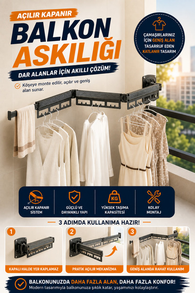 Trend Store Alüminyum Balkon Çamaşır Askılığı Katlanabilir, Yer Kaplamaz Pasl...