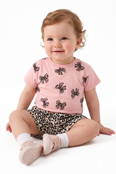 bebegen Baby Girl Pink Leopard Bow Patterned Shorts 2-Piece Set