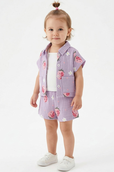 bebegen Baby Girl Lilac Pink Strawberry Patterned Muslin Shorts 3-Piece Set
