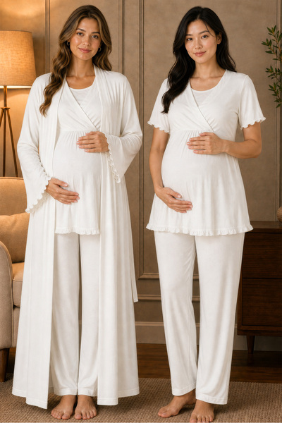 ByLohusa Soft Textured Cotton Maternity Pajama Set with Robe Effortt - Ecru