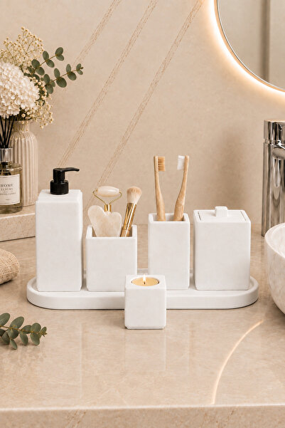 betonmall 7 Parça Mermer Desenli Beton Banyo Seti Sıvı Sabunluk Diş Fırçalık ...