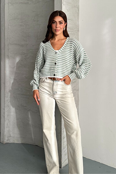 macharelbasic Cardigan sezonier cu mânecă cu balon cu nasturi metalice în dun...
