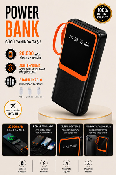 kawigo 20000mAh Powerbank Taşınabilir Şarj Aleti 4 Portlu Type-C USB Yüksek K...