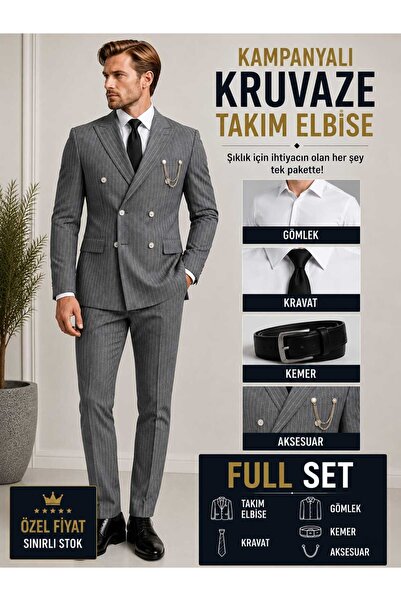 Twenhil KRUVAZE FULL SET GRİ TAKIM ELBİSE DAR KESİM