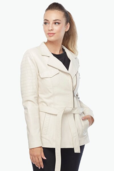 Deriza Gia Genuine Lambskin Biker Women's Coat Beige