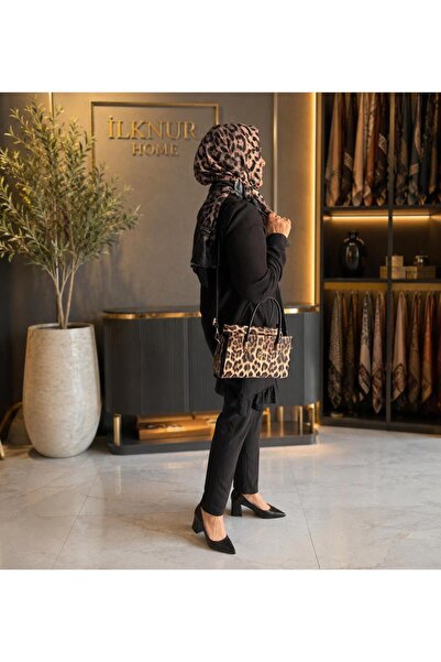 İlknurHome Modern Lüks Leopar Desenli Astarlı Kadın El ve Omuz Çantası İkili ...