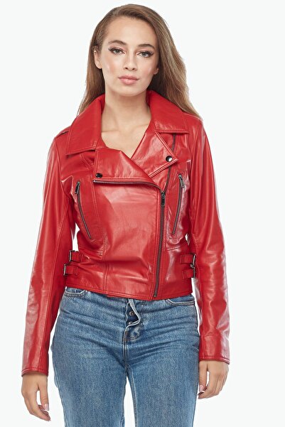 Deriza Biker Genuine Leather Women's Leather Coat Red