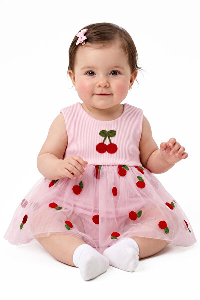 bebegen Baby Girl Pink Red Cherry Embroidered Tulle Bodysuit Dress