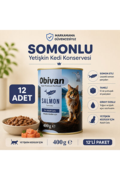 obivan Somon Balıklı Sos İçinde Gravy Yetişkin Kedi Konservesi 400 gr x 12 Adet