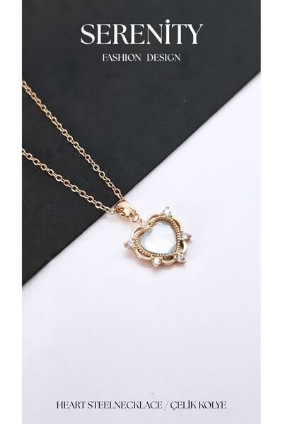 Serenity Heart Figure Opal Zircon Stone Steel Necklace
