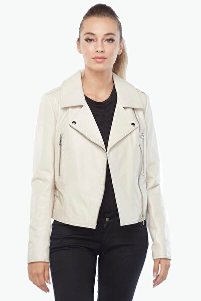 Deriza Nera Genuine Lambskin Biker Women's Coat Beige