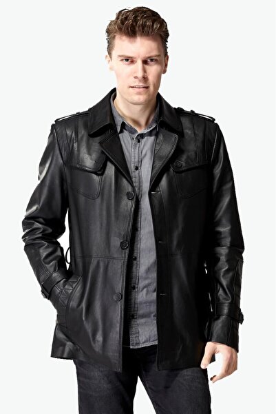 Deriza Kagawa Genuine Leather Classic Men's Trench Coat Black