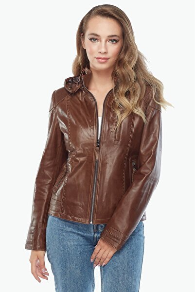 Deriza Hooded Brown Women's Leather Jacket