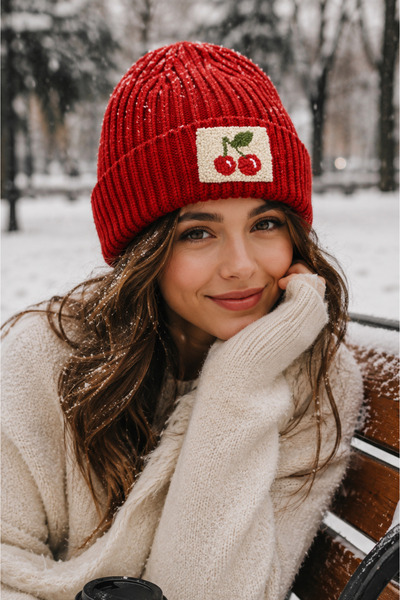 byebruketenci Red Wool Beret Cherry Punch Patterned Christmas Gift