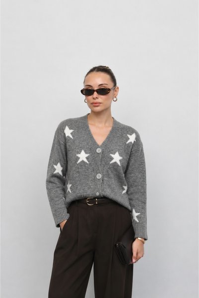 BELISTIL Smoked Star Patterned V-Neck Knitwear Cardigan