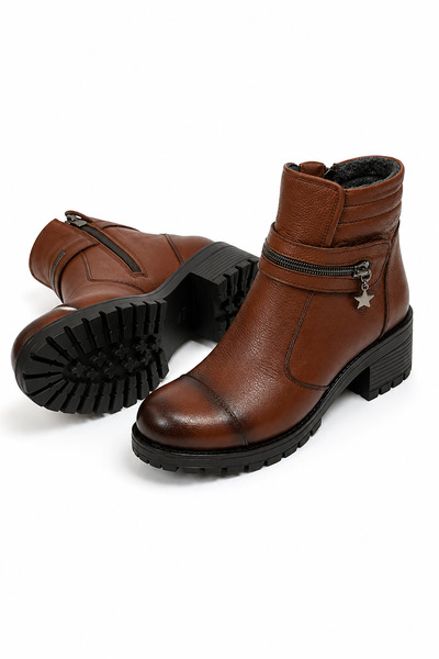Moda Pie Orbuh Fermuar Velcro Γυναικείες Μπότες από Γνήσιο Δέρμα Καφέ Δέρμα