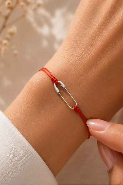 Spossy Silver Jewelry 925 Ayar Gümüş, Silver, Çengel Kırmızı İpli Bileklik