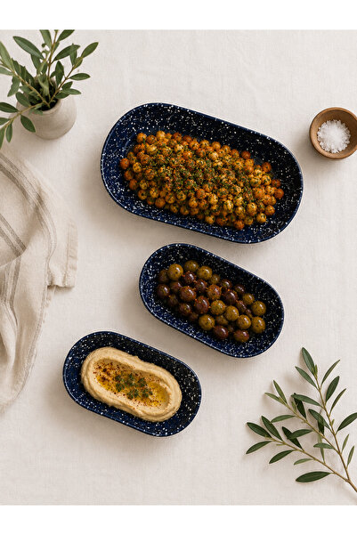 3'lü Lacivert Çilli Set, Seramik Kayık Tabak Sunum Takımı 28,5 cm - 24,5 cm - 21,5 cm