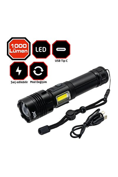 Rox Şarjlı Yan Lambalı Led Fener 1000 Lümen