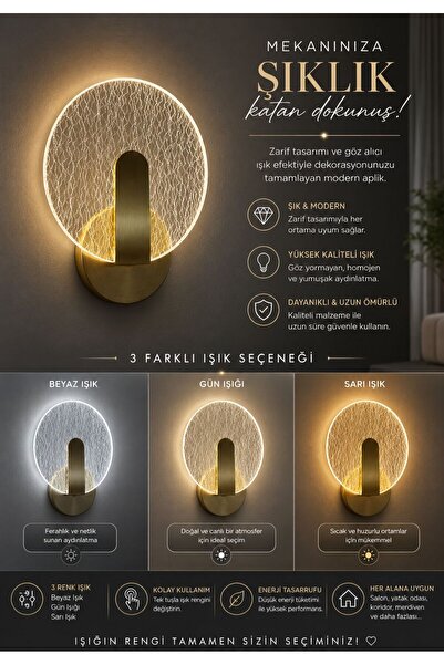 bella lighting Lüks Modern Vinca 3 Renk Led Aplik Sarı Gold Duvar Lambası Ele...