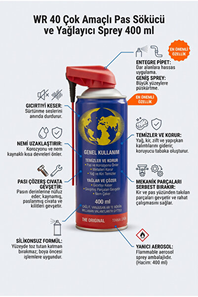 Genel Markalar WR 40 Çok Amaçlı Pas Sökücü Ve Yağlayıcı Sprey 400 ml - Entegr...