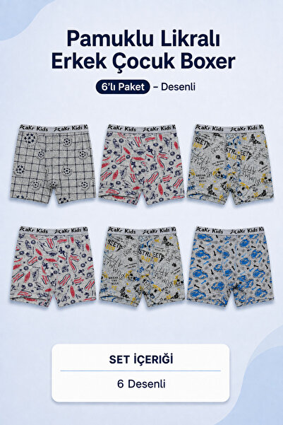 Erdenay Tekstil Cotton Lycra Boys' Boxer 6-Piece Pack - Patterned