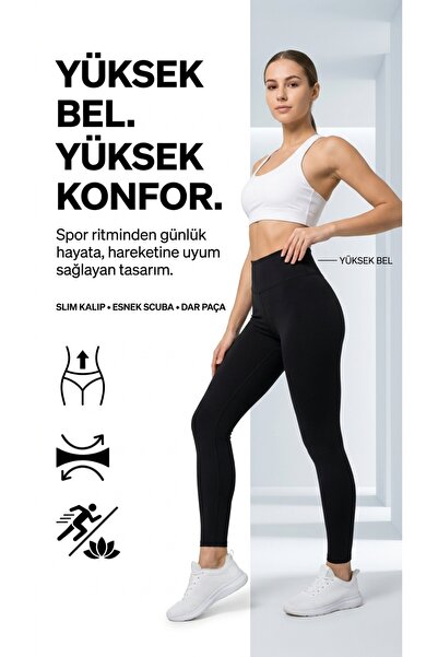 Kadın Siyah Yüksek Bel Toparlayıcı Tayt Slim Fit Esnek Scuba Kumaş Spor Günlük Tayt