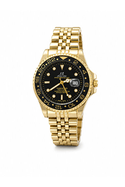 Show Time Gold erkek kol saati aktif döner bezel ve takvim.