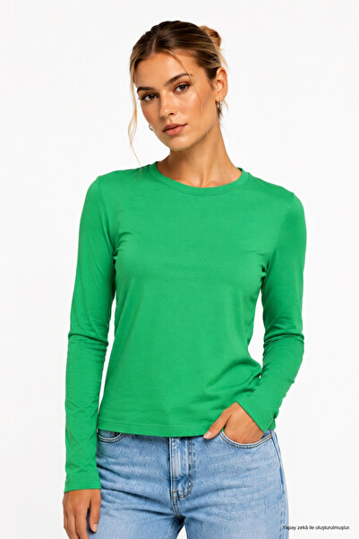 WILD BEE Women's Green Crew Neck Long Sleeve Blouse