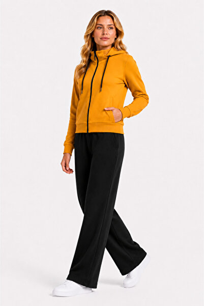 TRENDHİLL Women's Cotton High Collar Hooded Zippered Tracksuit Set Mustard-107