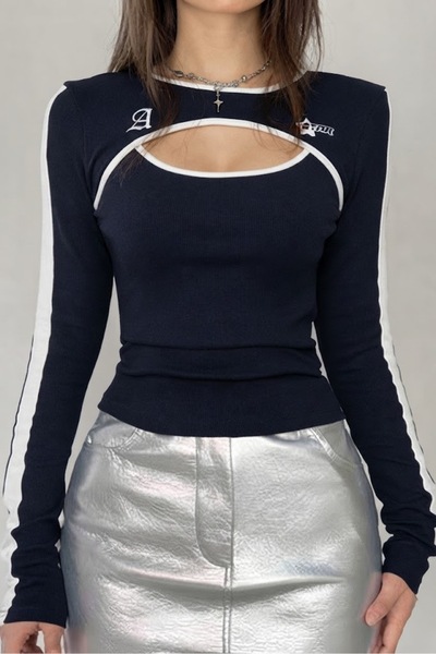 Köstebek Navy Blue A The Star White Striped Split Long Sleeve Crop