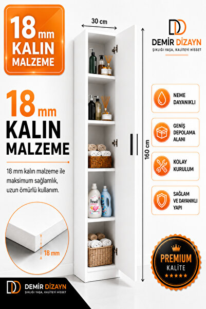 DEMİR DİZAYN Çok Amaçlı İnce Boy Dolap 158x30 cm – Banyo, Kiler ve Dar Alan İ...