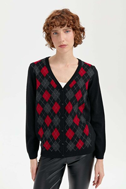 Desen Triko Women's V-Neck Cardigan with Diamond Pattern on the Front, Black