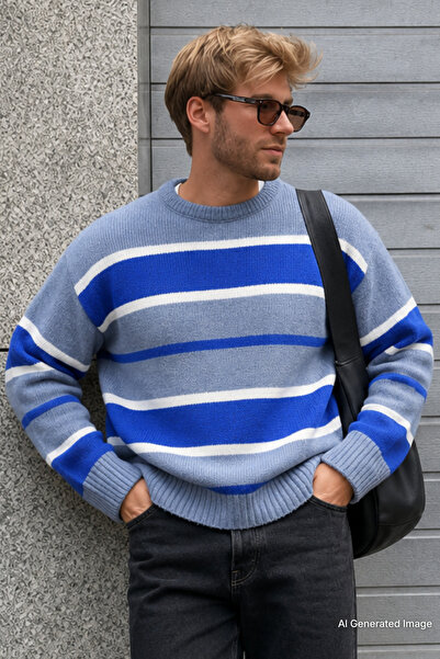 Madmext Indigo Striped Crew Neck Knitwear Men's Sweater E7455