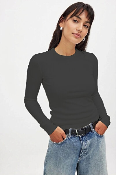 CHEISU Kadın Antrasit Uzun Kollu Bisiklet Yaka T-shirt Bluz Kaşkorse Fitilli