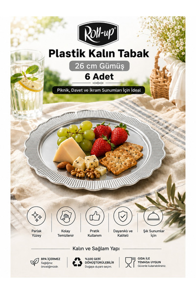 Roll-Up Plastik Kalın Tabak Büyük 26 cm Gümüş 6 Adet