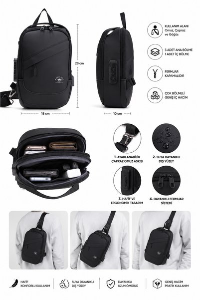 Newish Polo Black Men's Combination Shoulder Bag Crossbody Chest Bag Multi-Compartment Daily Travel Bag