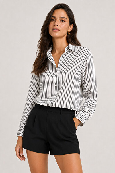 Nuevo White Black Striped Women's Woven Shirt Long Sleeve Relaxed Fit Pattern...