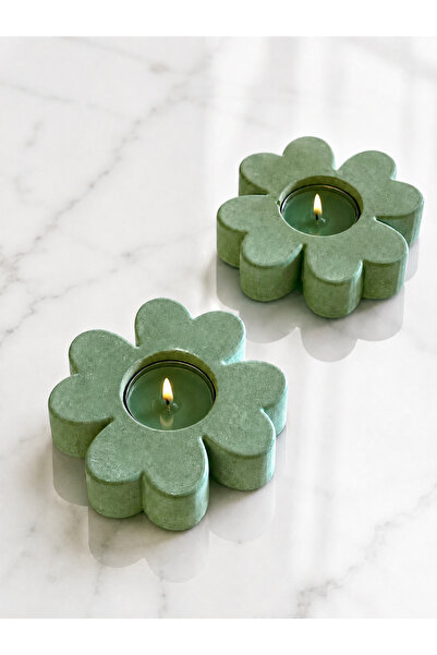 Smind 2'li Yeşil Çiçek Yonca Beton Tealight Mumluk Seti Dekoratif Ev Aksesuarı