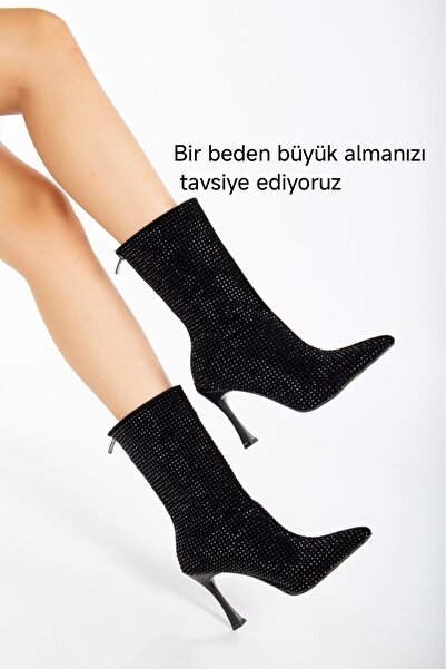Macelife Süet Parlak Taşlı Ince Topuklu Kadın Çizme Siyah