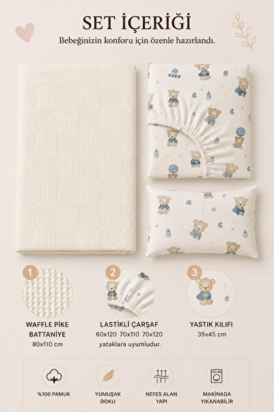 Bebelz 100% Cotton Mother's Side Park Bed Compatible Baby Pique and Sheet Set - 3-Piece Baby Sleeping Set (Cream) - Compatible with 60X120-70X110-70X120 Beds