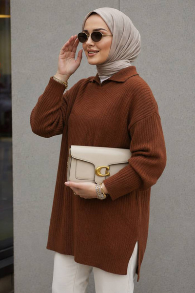 Neva Style Ribbed Brown Hijab Knitwear Tunic 65903Kh