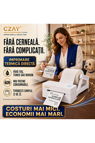 CZAY Imprimanta Termica Etichete CZAY®, Bluetooth si USB, AWB-uri 100x150 mm (A6), Etichete 30-110 mm,100.000.000 impulsuri, 203 DPI,160 mm/s, Compatibila iOS/Android/Windows/MacOS,Suport Inclus, Alb
