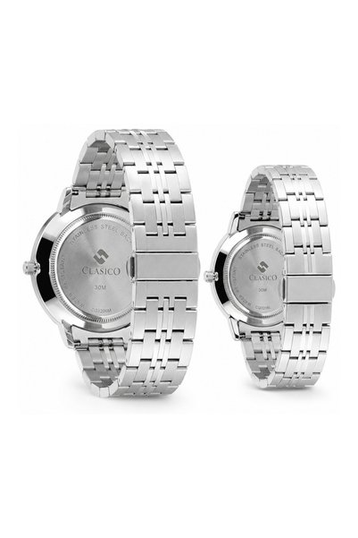 Clasico Signature Couple Watches Set for Men & Women – Elegant Tone Matching Couple Quartz Watches – Silver Case