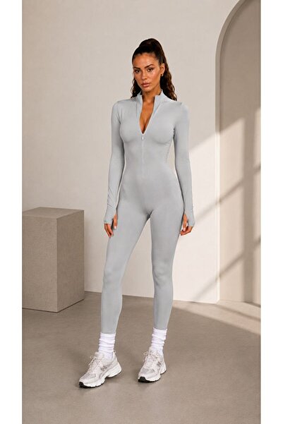 Maison La Femme Gray Fleece Fitted Fleece Leggings Jumpsuit
