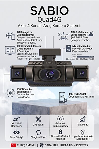 Sabio Quad4G 2K 4 Kameralı Sim Kartlı Araç Kamerası