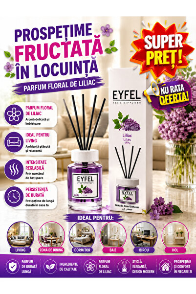 Eyfel Odorizant de Cameră cu Bețișoare Liliac, 120 ml, Difuzor Parfumat, Parf...
